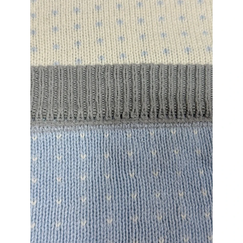 Pottery Barn Kids Blue White Knit Heart Pom Pom Baby Blanket 30x40 Cotton Blend